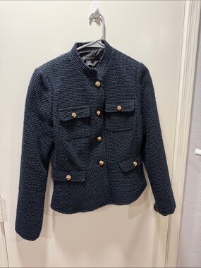 INC International Concepts Navy Textured Military-Style Jacket with Gold Buttons